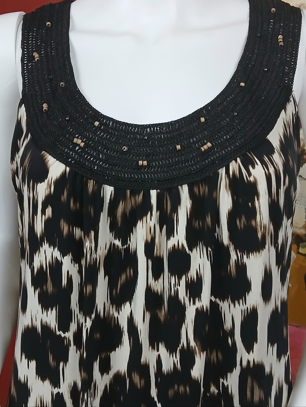 Dana Buchman Black and Cream Animal-Print Tank with Beaded Crochet Yoke